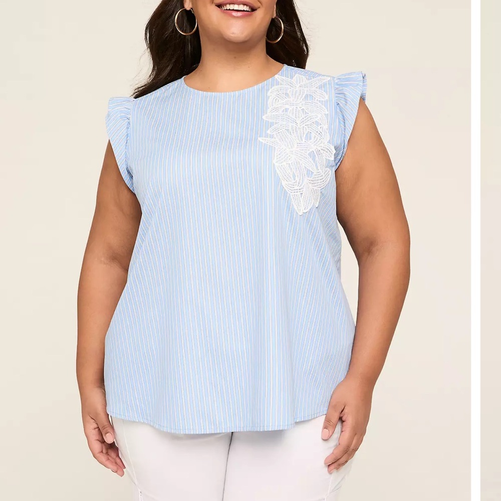 Lane Bryant Ruffle Cap-Sleeve Applique Top Blue 18